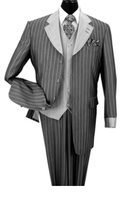 MENS VESTED SHINY SHARKSKIN PINSTRIPE FASHION ZOOT SUIT IN BLACK